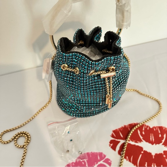 Peacock Blue Rhinestone Swing Handle Iconic Bucket Bag - Picture 9 of 10